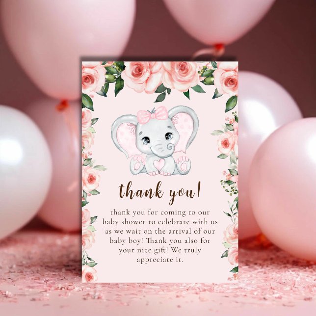 Tarjeta De Agradecimiento Chica floral rosa Cutie Elephant Rubor Baby Shower (Cutie Elephant Blush Pink Floral Girl Baby Shower Thank You Card)