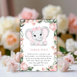 Tarjeta De Agradecimiento Chica floral rosa Cutie Elephant Rubor Baby Shower
