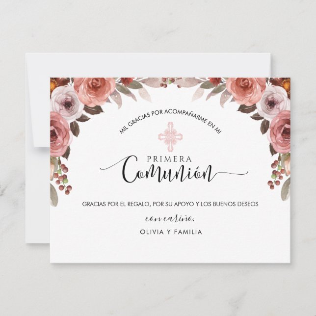 Tarjeta De Agradecimiento Chica Floral Rosa Española Primera Comunión Gracia (Anverso)