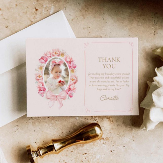 Tarjeta De Agradecimiento Chica floral rosa Foto de cumpleaños (Pink Floral Birthday Photo thank you card)