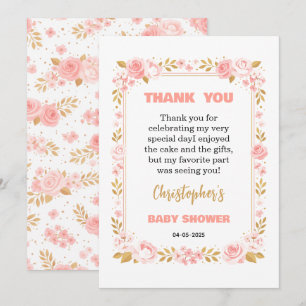 Tarjeta De Agradecimiento Chica Floral Rosa y Dorado Baby Shower