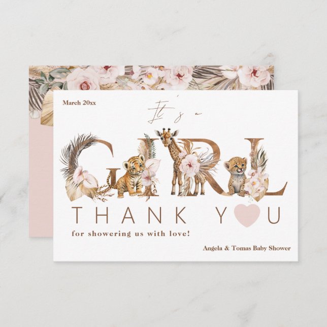 Tarjeta De Agradecimiento Chica floral tropical de Safari Animal Baby Shower (Anverso / Reverso)