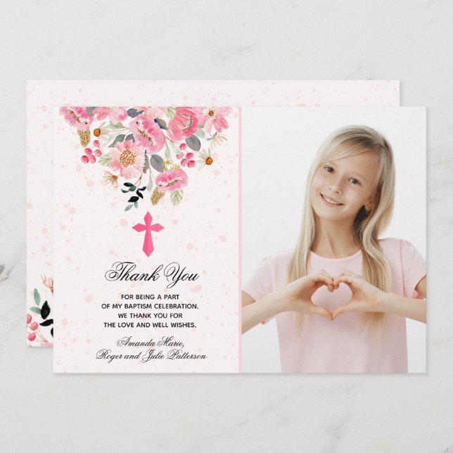 Tarjeta De Agradecimiento Chica Foto Acuarela Flores Rosa Bautismo (Anverso / Reverso)