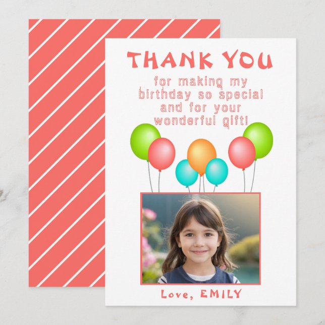Tarjeta De Agradecimiento Chica globos Cumpleaños Foto  (Anverso / Reverso)