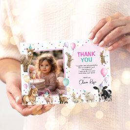 Tarjeta De Agradecimiento Chica Granja Animales Balón Confetti Fiesta de cum