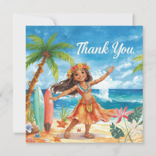 Tarjeta De Agradecimiento Chica Hawaiana está bailando junto a la playa 