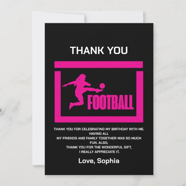 Tarjeta De Agradecimiento Chica Jugadora de Fútbol Rosa, Equipo de Cumpleaño (Anverso)
