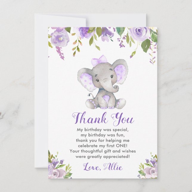 Tarjeta De Agradecimiento Chica Lavender primer cumpleaños Elefante Púrpura (Anverso)