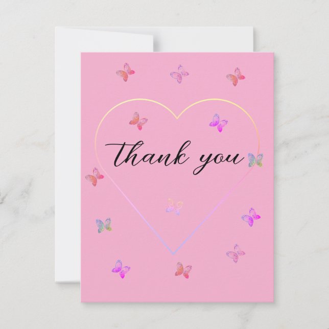 Tarjeta De Agradecimiento Chica mariposa corazón rosa baby shower  (Anverso)