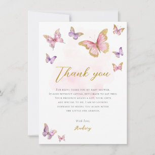 Tarjeta De Agradecimiento Chica Mariposa Dorada Rosa Púrpura Baby Shower