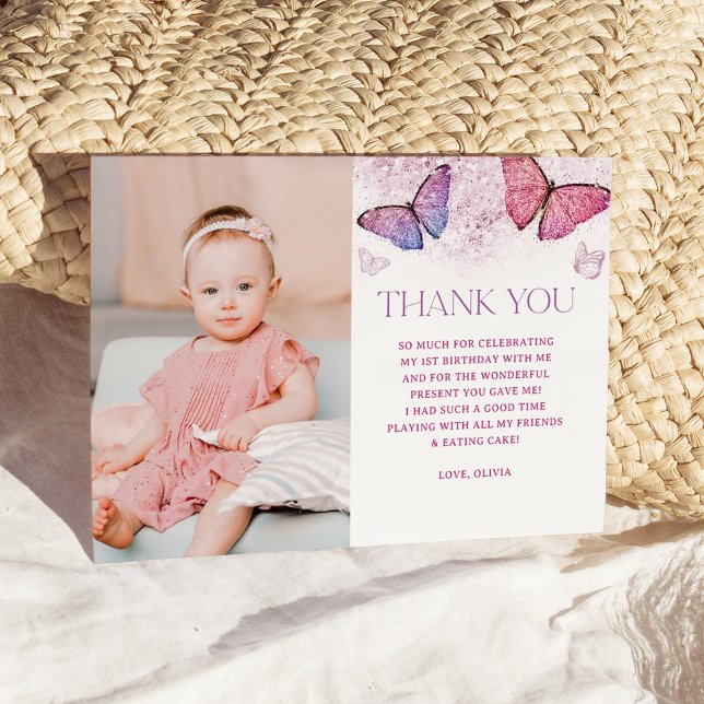 Tarjeta De Agradecimiento Chica Mariposa Tema Primer Fiesta de cumpleaños (Subido por el creador)