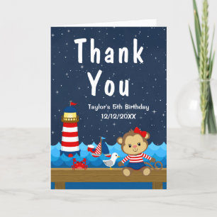 Tarjeta De Agradecimiento Chica Náutica Mono Cumpleaños Rojo y Azul Marino F