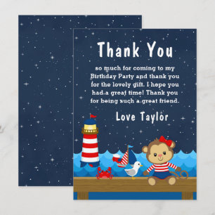 Tarjeta De Agradecimiento Chica Náutica Mono Cumpleaños Rojo y Azul Marino F