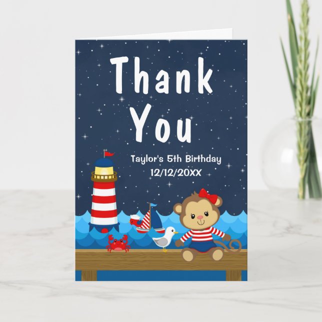 Tarjeta De Agradecimiento Chica Náutico Mono Rojo y Partido de Cumpleaños de (Anverso)