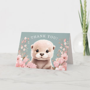 Tarjeta De Agradecimiento Chica Otter Adorable Baby Shower Sage & Pink Flora