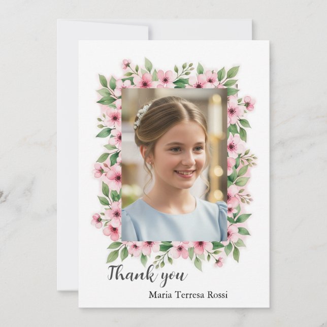 Tarjeta De Agradecimiento Chica Personalizado de confirmación Foto Floral Gr (Anverso)