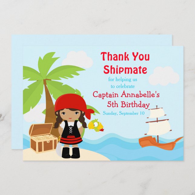 Tarjeta De Agradecimiento Chica pirata norteamericano lindo Día de cumpleaño (Anverso / Reverso)
