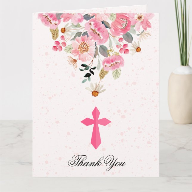 Tarjeta De Agradecimiento Chica Primera Comunión Acuarela Floral Rosa plegad (Anverso)