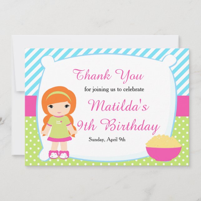 Tarjeta De Agradecimiento Chica Red Haired Sleepover Slumber Fiesta Cumpleañ (Anverso)