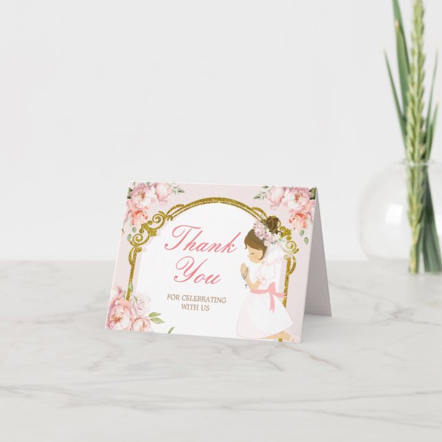 Tarjeta De Agradecimiento Chica Rezando Oro Primero Comunión Santa (Anverso)