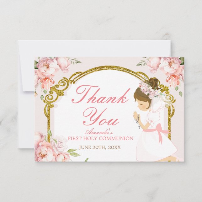 Tarjeta De Agradecimiento Chica Rezando Oro Primero Santa Comunión Gracias (Anverso)