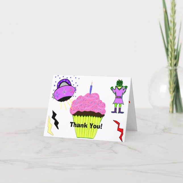 Tarjeta De Agradecimiento Chica Robot Cumpleaños Cupcake Rosa (Anverso)
