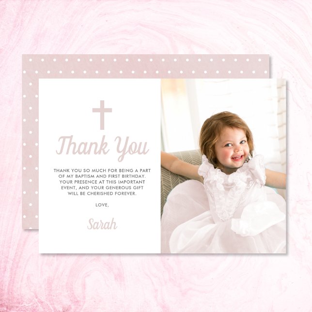 Tarjeta De Agradecimiento Chica Rosa Bautismo Foto De Primer Cumpleaños (Thank your family and friends for attending your daughter's baptism with this photo thank you card.)