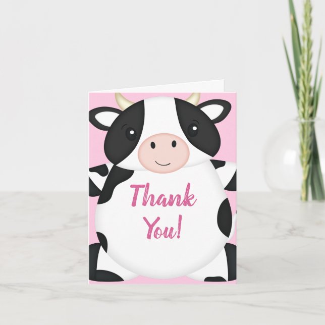 Tarjeta De Agradecimiento Chica rosa de la granja Baby Shower de vaca (Anverso)