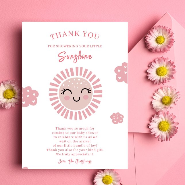 Tarjeta De Agradecimiento Chica Rosa Little Sunshine Baby Shower (Subido por el creador)