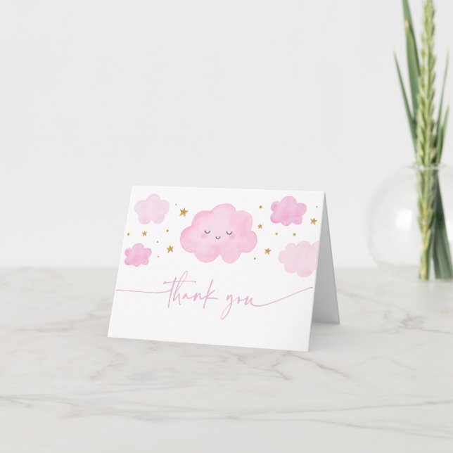 Tarjeta De Agradecimiento Chica rosa Nube Estrellas Infantil Espolvoroso (Anverso)