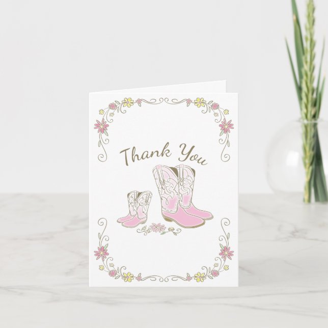 Tarjeta De Agradecimiento Chica rosa occidental del país Baby Shower rural d (Anverso)