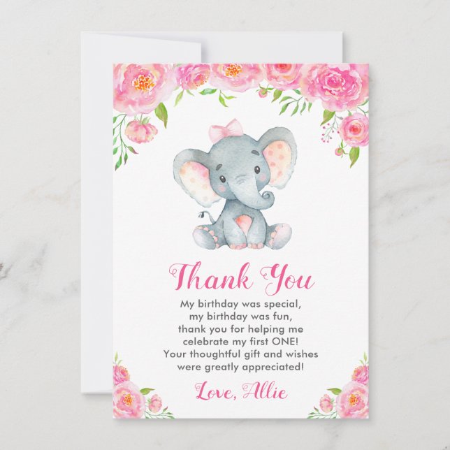 Tarjeta De Agradecimiento Chica rosa primer elefante de cumpleaños (Anverso)