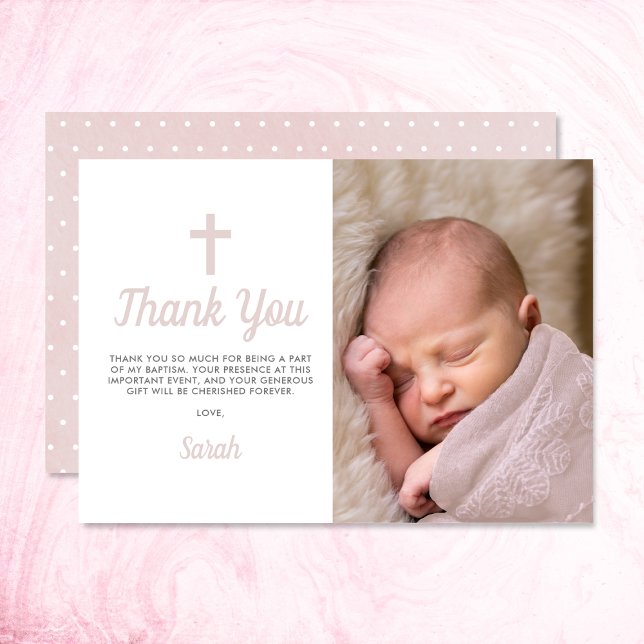 Tarjeta De Agradecimiento Chica rosa simple bautismo cristiano foto (Thank your family and friends for attending your daughter's baptism with this photo thank you card.)