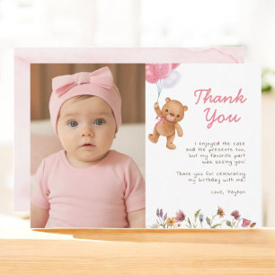 Tarjeta De Agradecimiento Chica Rosa Teddy Bear Primer Cumpleaños Gracias