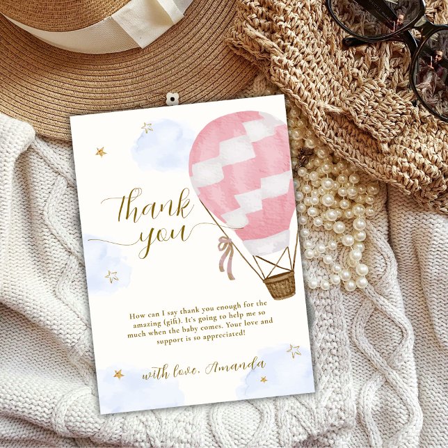 Tarjeta De Agradecimiento Chica Rosado Adventure Hot Air Balloon Baby Shower (Pink Girl Adventure Hot Air Balloon Baby Shower Thank You Card)