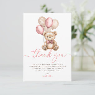 Tarjeta De Agradecimiento Chica rosado Baby Shower de los globos de Oso de T