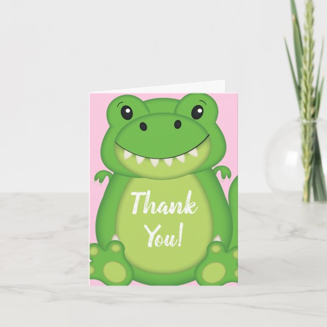 Tarjeta De Agradecimiento Chica rosado de Dinosaur Baby Shower T-Rex (Anverso)