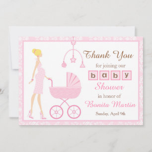 Tarjeta De Agradecimiento Chica Rubia Damask Rosa Baby Shower
