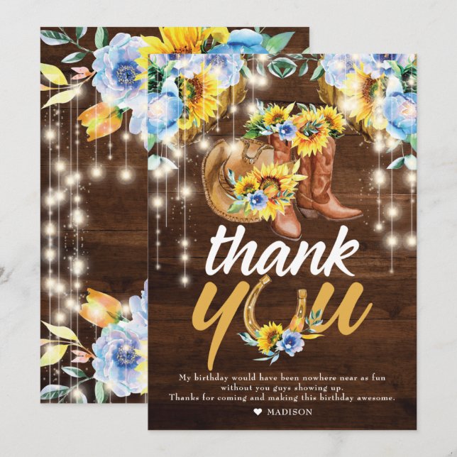 Tarjeta De Agradecimiento Chica rústica bota luces de cuerdas florales (Anverso / Reverso)
