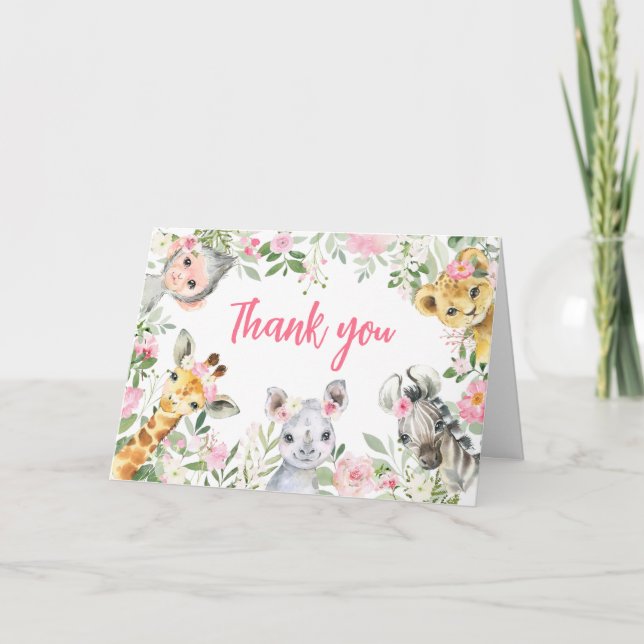 Tarjeta De Agradecimiento Chica Safari Animals Baby Shower (Anverso)