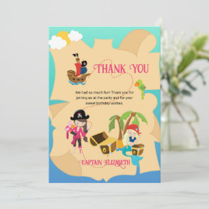 Tarjeta De Agradecimiento Chica Sirena Pirata Rosa Lindo Personalizado
