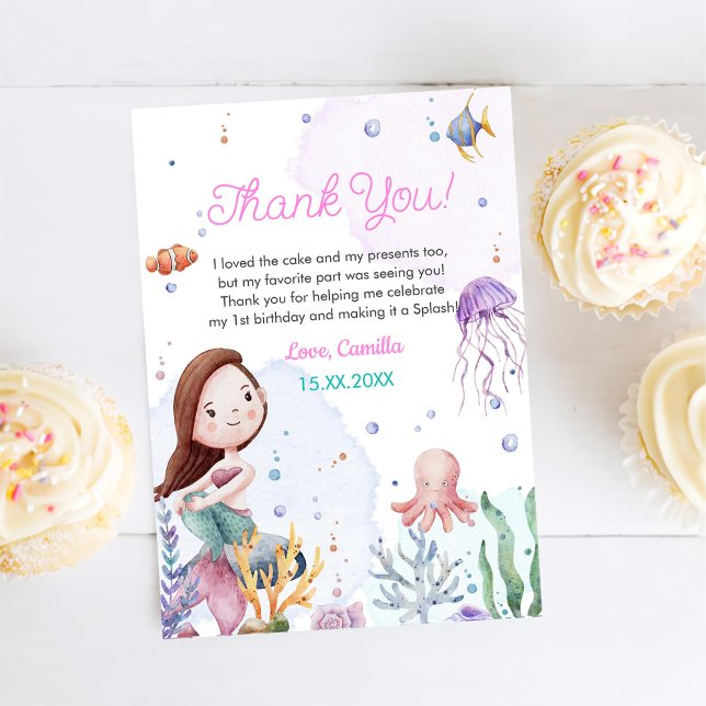 Tarjeta De Agradecimiento Chica Sirena Primer Fiesta de Cumpleaños (Subido por el creador)