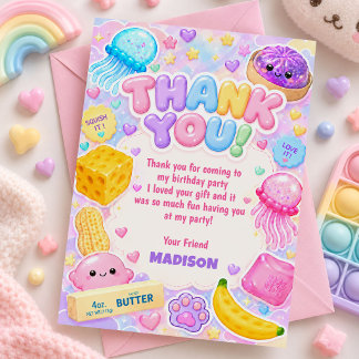 Tarjeta De Agradecimiento Chica Squishy Lindo Kawaii Cumpleaños Fiesta Color