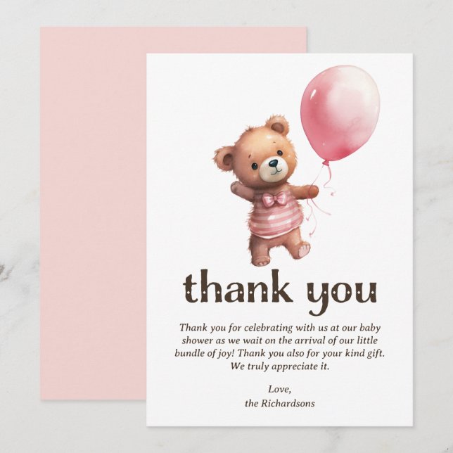 Tarjeta De Agradecimiento Chica Teddy Bear Baby Shower (Anverso / Reverso)