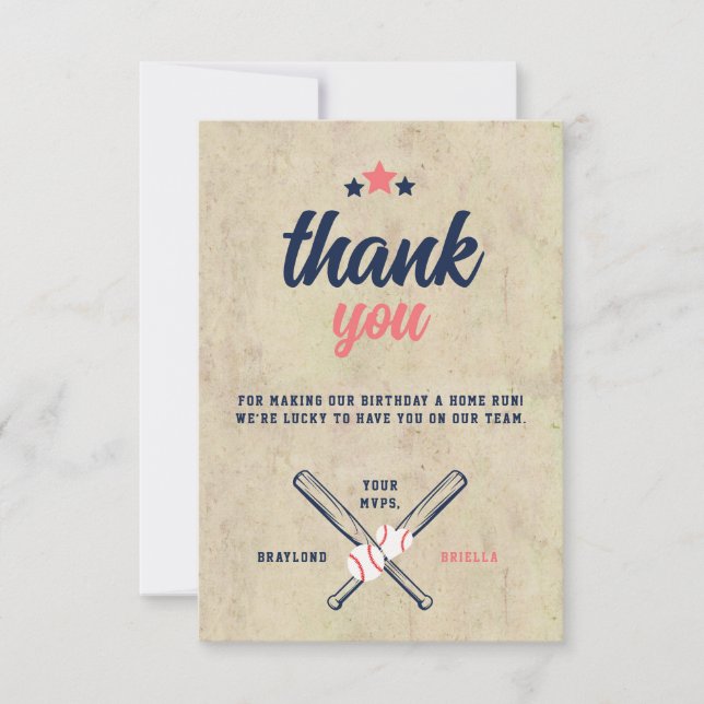Tarjeta De Agradecimiento Chica Twin Baseball Birthday Boy (Anverso)