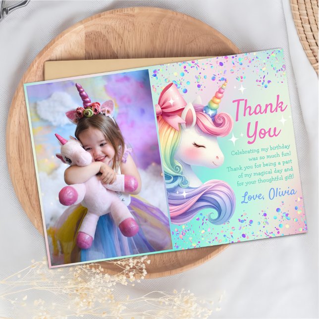 Tarjeta De Agradecimiento Chica Unicornio Cumpleaños Mágico Arcoíris Foto (Subido por el creador)