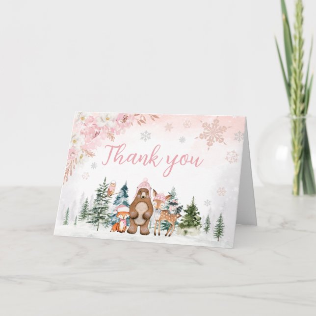Tarjeta De Agradecimiento Chica Winter Woodland Baby Shower (Anverso)