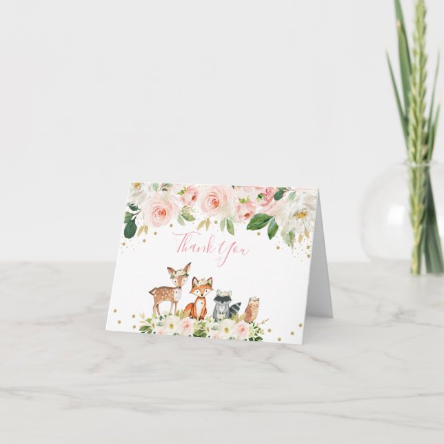 Tarjeta De Agradecimiento Chica Woodland Baby Shower Rubor Floral Gracias (Anverso)