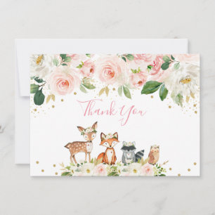 Tarjeta De Agradecimiento Chica Woodland Baby Shower Rubor Floral Gracias