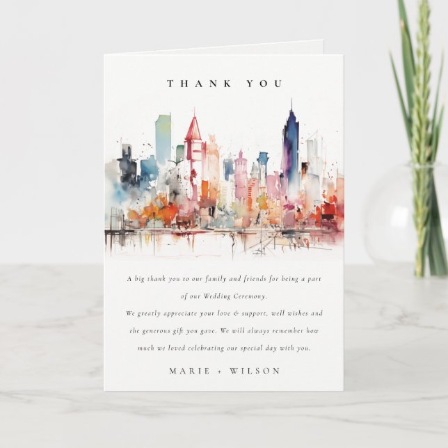 Tarjeta De Agradecimiento Chicago Illinois Watercolor Landscape Wedding (Anverso)